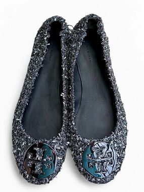 Tory Burch Minnie Travel Ballet Flats Silver Tweed Confetti Logo Shoes 10